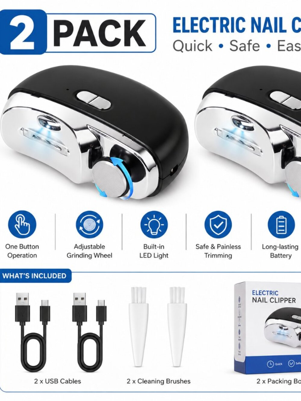 Electric Automatic Nail Clipper & Polisher with Light, USB Rechargeable Black